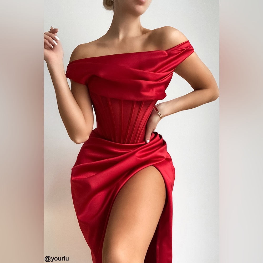 House of CB Lulu Red Draped Asymmetric Midi Dress, Small